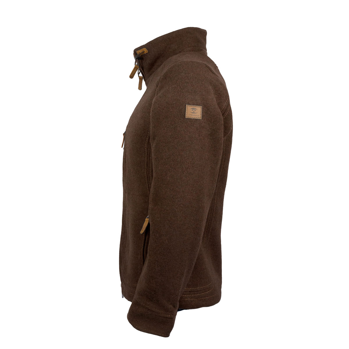 braune Fleecejacke aus Loden braune Wolljacke, Seitenansicht